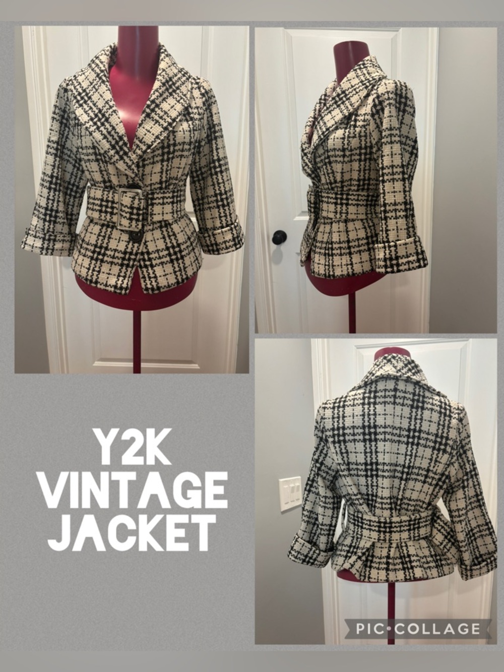 Women's belted Black and White Plaid Jacket vintage Y2K size Medium